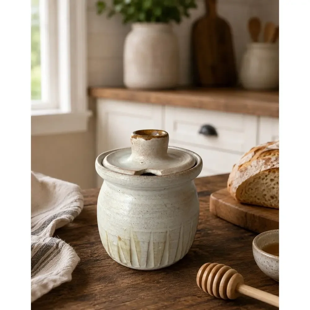Vintage 1982 Signed Studio Pottery Honey Pot with Lid Jam Jar